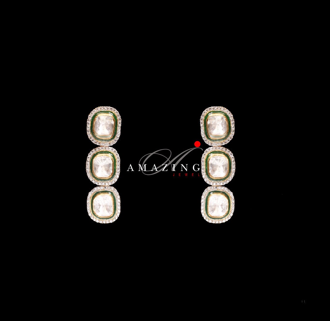 Silver Moissanite Single Polki Earrings,Moissanite with Green Enamel Kundan Earring, Indian Wedding Jewelry ,Silver Moissanite Polki Earring