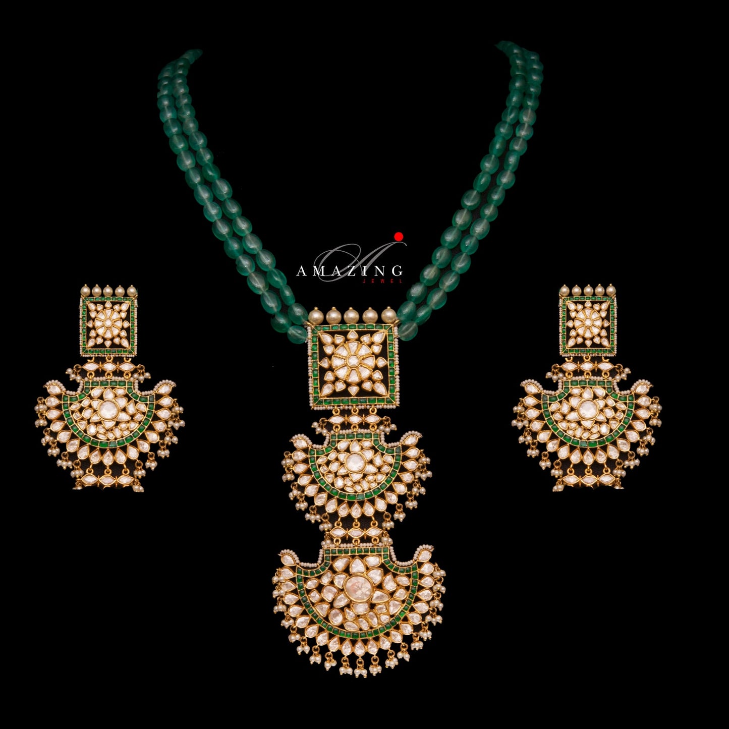 Silver Mossanite Polki Hydro Emerald Tumble & Chip Set,Indian Wedding Jewelry Set,Traditional Jewelry,Bridal Jewelry,Necklace set,Travel set