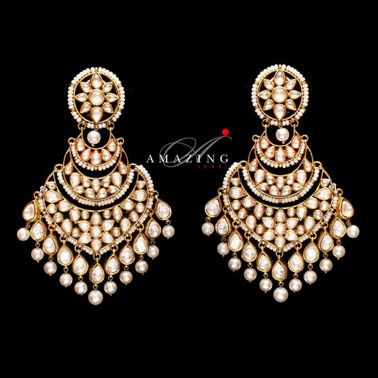 Silver Moissanite Polki with Pearls Earring   Moissanite Kundan Chandbali  Bridal Jewelry  Traditional Jewelry   925 Sterling Silver Earring