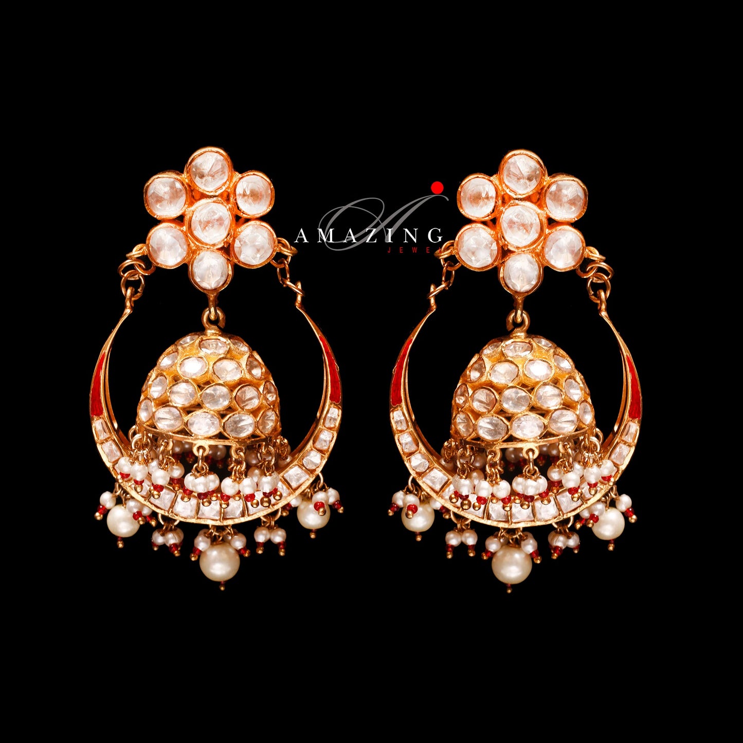 Silver Moissanite Polki Sea Pearls Red Enamel Earring Moissanite Polki Earring Chandbali Jhumka Bridal Jewelry 925 Sterling Silver Jhumka