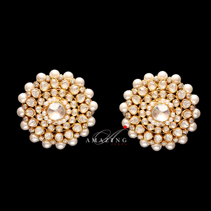 Silver Moissanite Polki with Pearls Earring  Moissanite Kundan Earring   Stud Earring  Bridal Jewelry  Traditional Jewelry   Woman Jewelry