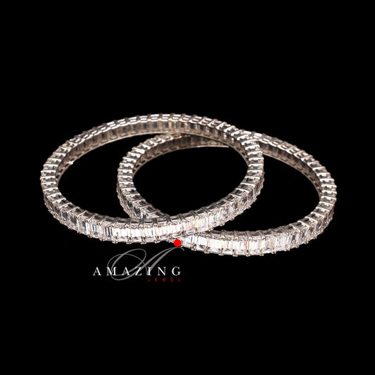 Silver Swarovski Emerald Cut Cubic Zirconia Single Line Bangles   Western Wear Bangles   Wedding Jewelry  925 Sterling Silver Studded Bangle