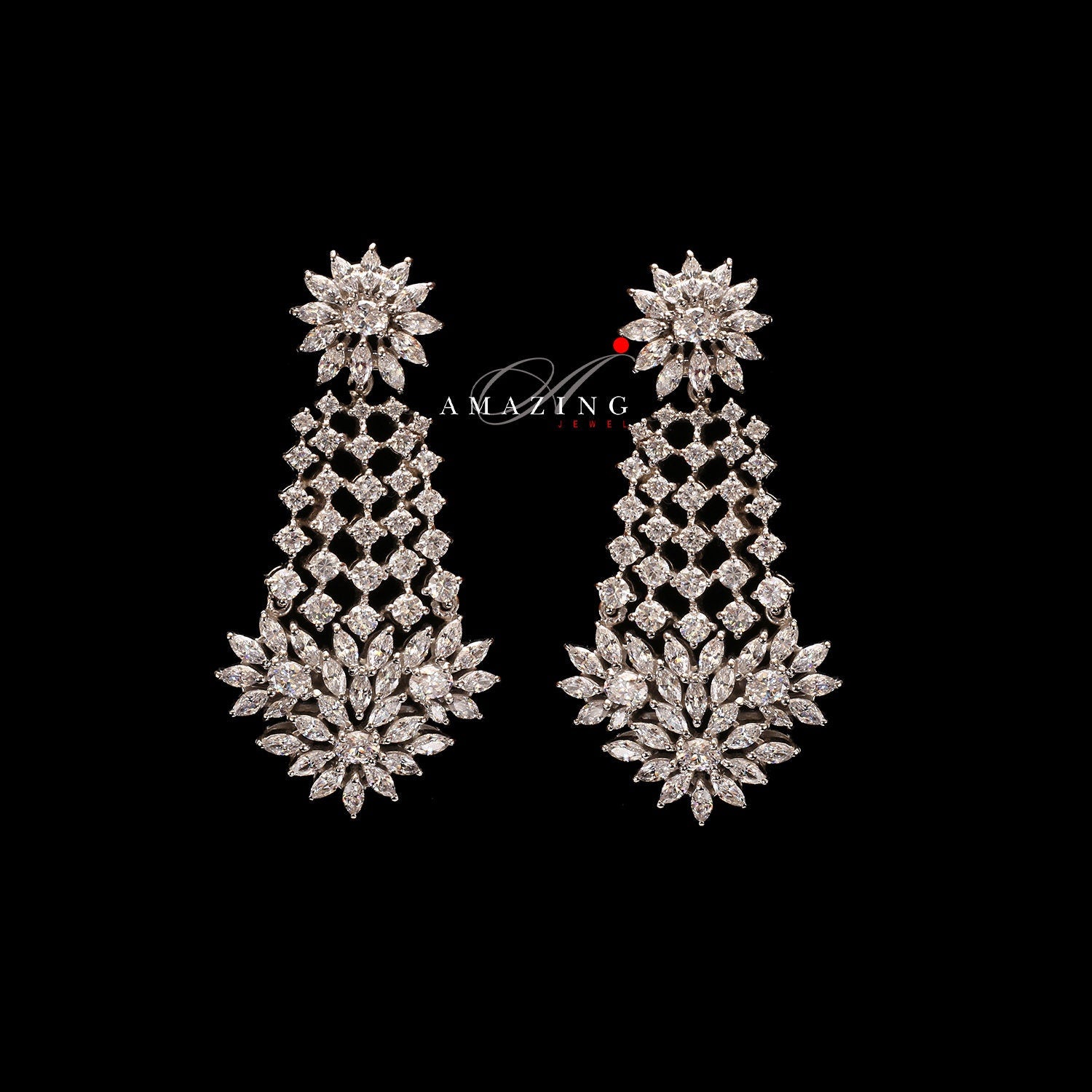 Silver Studded Cubic Zirconia Earring , Swarovski Chandeliers ,Bridal Jewelry ,Contemporary Jewelry,925 Sterling Silver Earring,Fine Jewelry