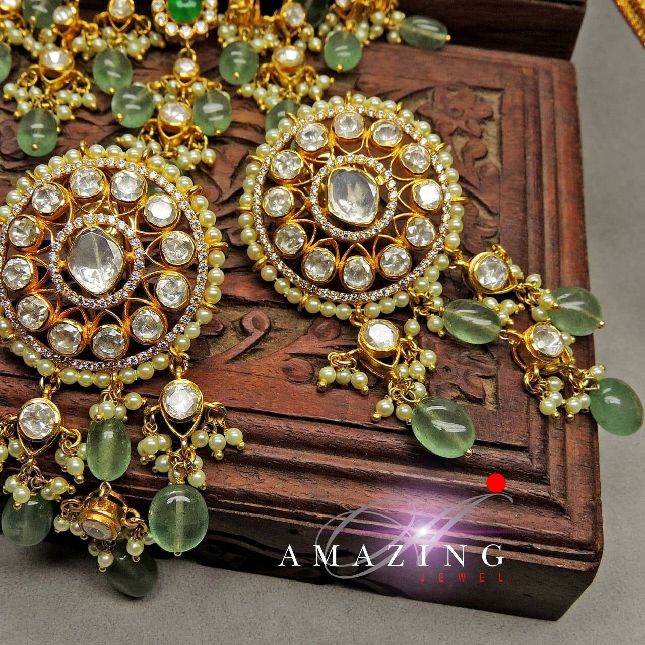 Silver Moissanite Polki Russian Emerald Tumble Earring Kundan Earrimg Bridal Jewelry Traditional Jewelry 925 Sterling Silver Kundan Earring