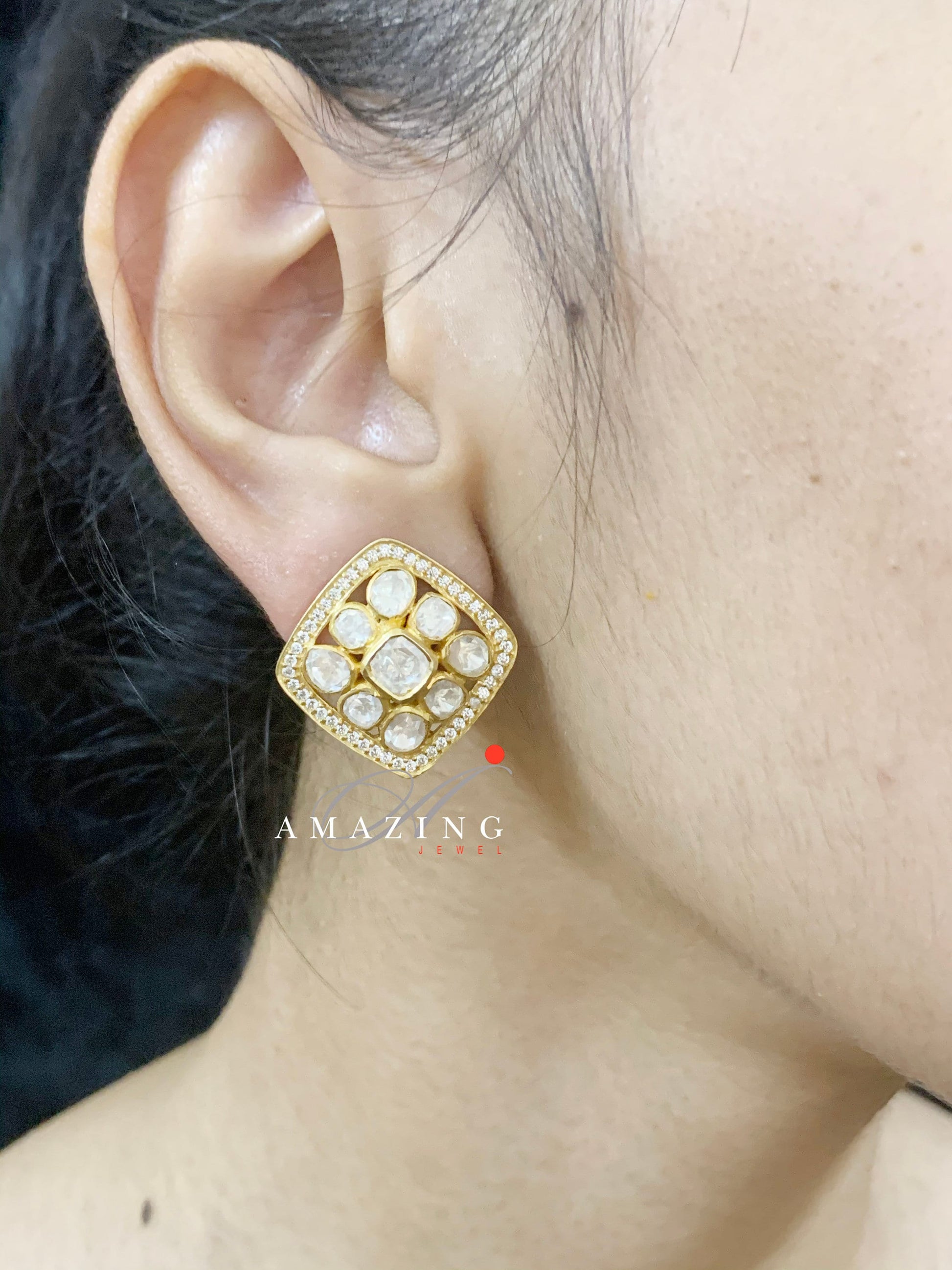 Silver Moissanite Polki Swarovski Earring  Moissanite Kundan Earring   Stud Earring  Bridal Jewelry  Traditional Jewelry   Woman Jewelry