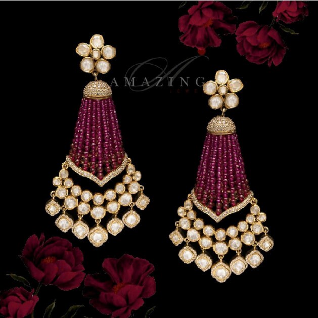 Silver Moissanite Polki Hydro Ruby Beads Earring Moissanite Earring Statement Earring Bridal Jewelry Chandelier Earrings 925 Streling Silver