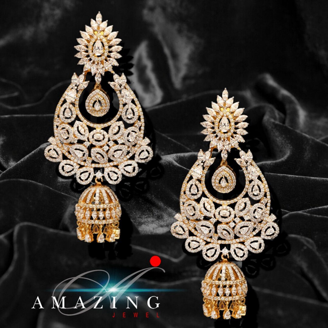 Silver Studded Cubic Zirconia Earring , Swarovski Chandbali ,Bridal Jewelry, Traditional Jewelry , 925 Sterling Silver Earring,Fine Jewelry