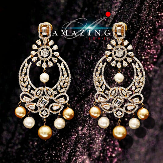 Silver Studded Cubic Zirconia Earring , Swarovski Chandbali ,Bridal Jewelry, Traditional Jewelry , 925 Sterling Silver Earring,Fine Jewelry