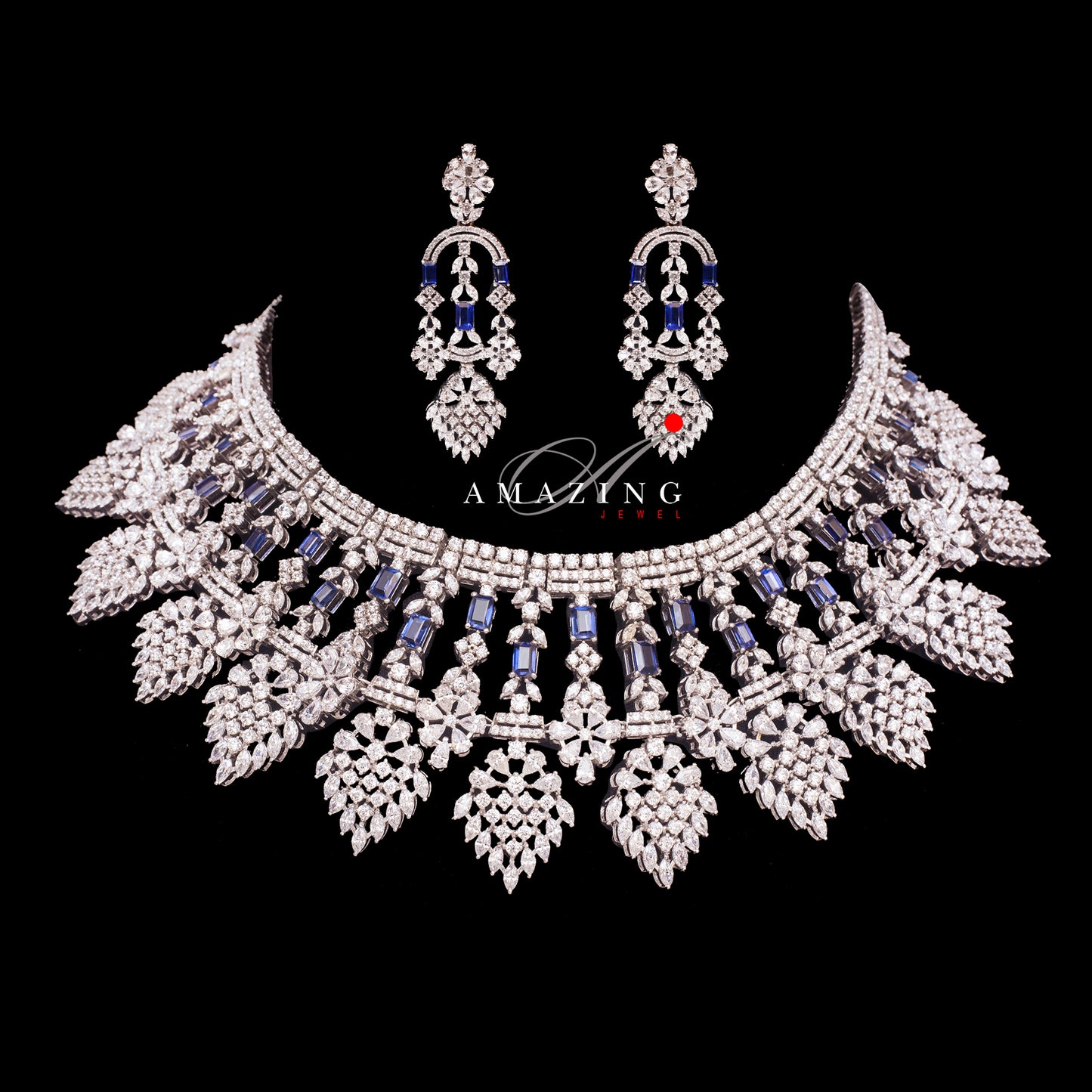 Silver Swarovski & Blue Sapphire Set Indian Wedding Jewelry Set Indian Traditional Jewelry Bridal Jewelry 925 Sterling Silver Necklace Set