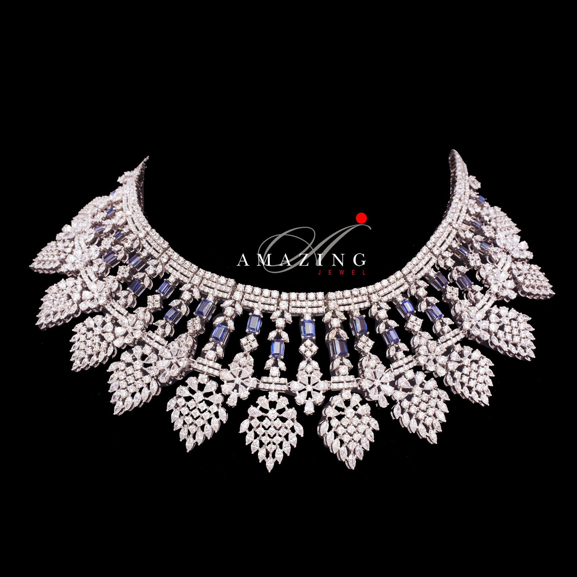 Silver Swarovski & Blue Sapphire Set Indian Wedding Jewelry Set Indian Traditional Jewelry Bridal Jewelry 925 Sterling Silver Necklace Set