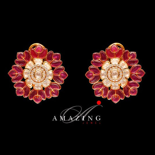 Silver Moissanite Polki with Hydro Ruby Chips Earring Moissanite Polki Kundan Earring Indian Wedding Jewelry Silver Moissanite Polki Earring