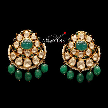 Silver Moissanite Polki with Emerald Tumble Earring  Moissanite Polki Earring   Chandbali  Bridal Jewelry 925 Sterling Silver Kundan Earring