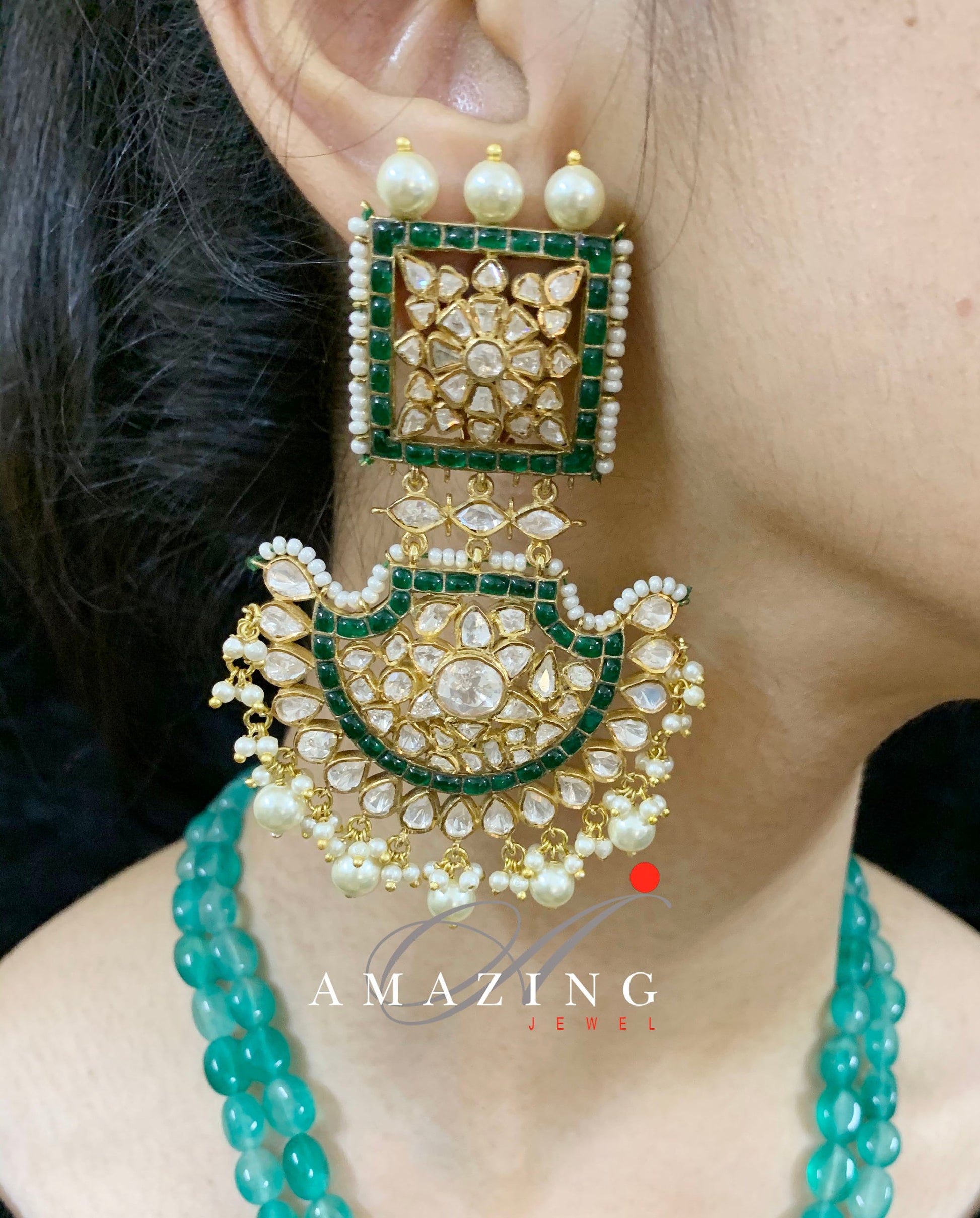 Silver Mossanite Polki Hydro Emerald Tumble & Chip Set,Indian Wedding Jewelry Set,Traditional Jewelry,Bridal Jewelry,Necklace set,Travel set