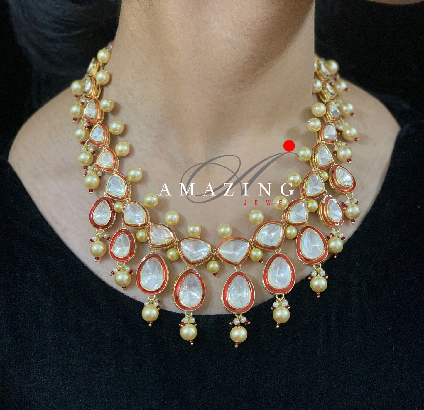 Silver Mossanite Polki with Fresh Water Sea Pearls Red Enamel Set Indian Wedding Jewelry Set Traditional Jewelry Bridal jewelry Necklace set