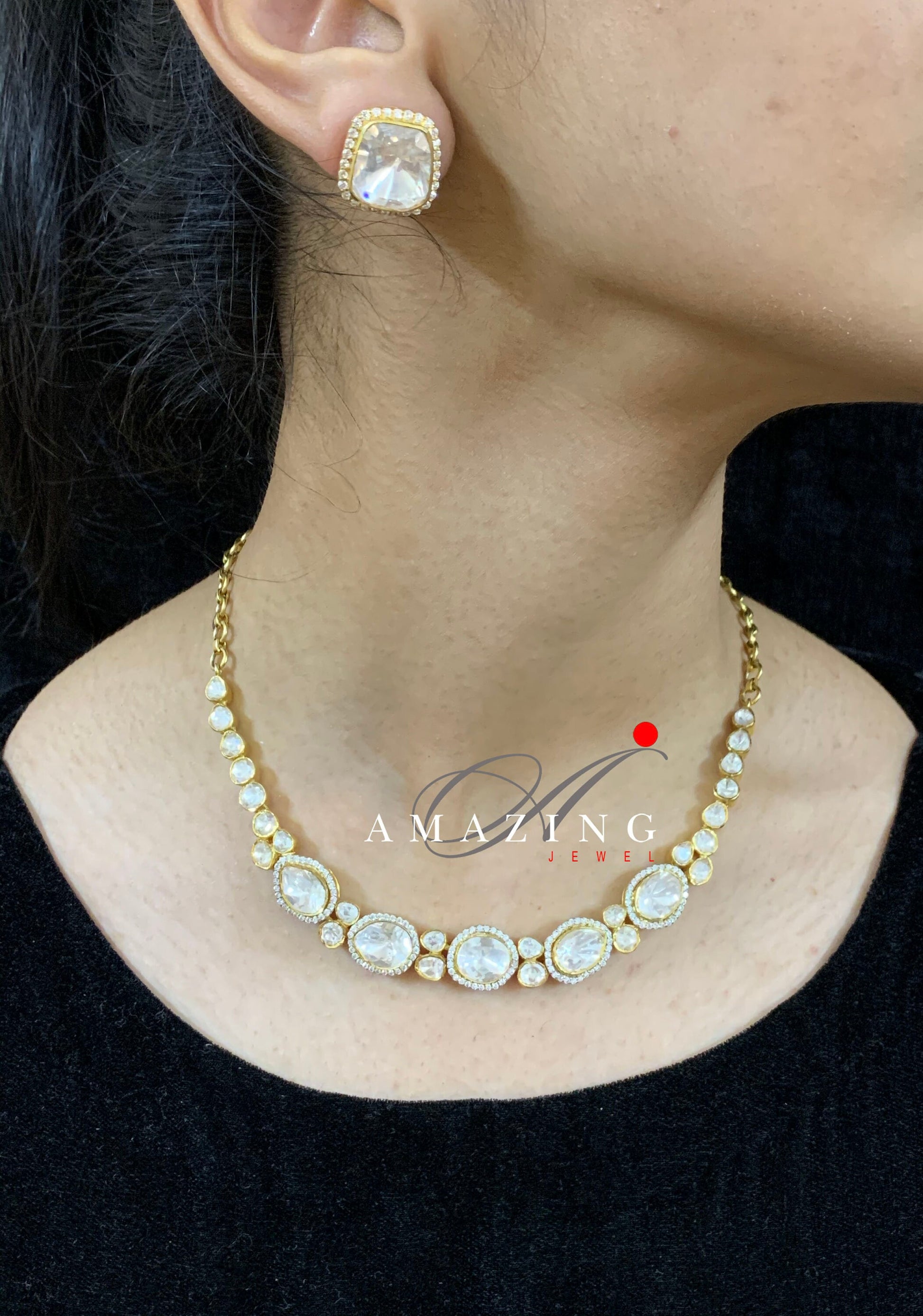 Silver Moissanite Polki Single Line Necklace, Moissanite and Swarovski Polki Necklace set, Wedding Jewelry , Indian Traditional Jewelry set