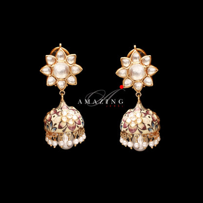 Silver Moissanite Polki Enameled & Fresh Water Sea Pearls Earring   Moissanite Polki Earring Jhumka  Bridal Jewelry 925 Sterling Silver