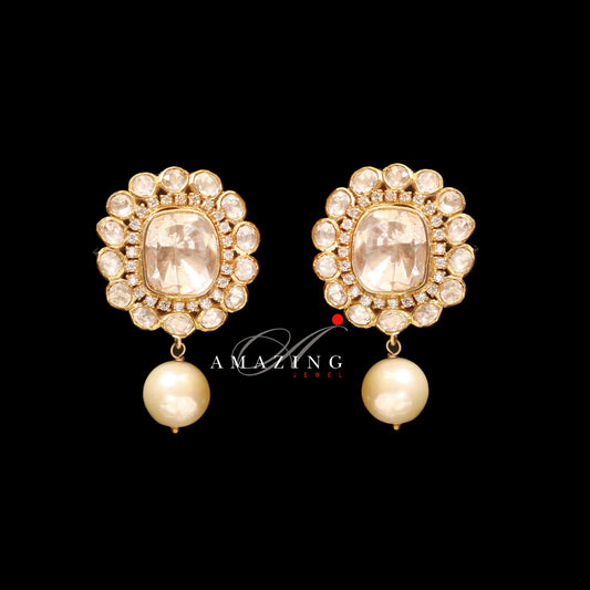 Silver Moissanite Polki Earring,Moissanite Kundan Earring,925 Sterling Silver Stud Earring,Bridal Jewelry,Traditional Jewelry ,Women Jewelry