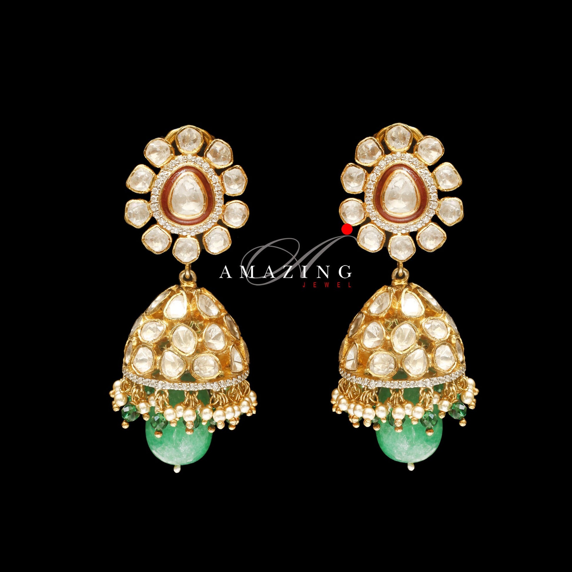 Silver Moissanite Polki Hydro Emerald Tumble Earring Moissanite Polki Kundan Earring Indian Wedding Jewelry Silver Moissanite Polki Earring