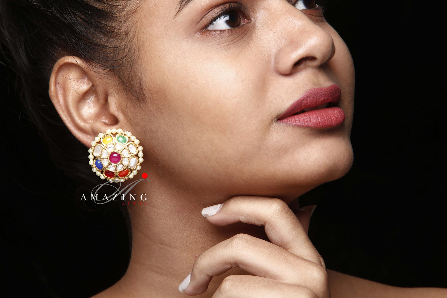 Silver Moissanite Polki with Semi Precious Navaratna & Fresh Water Sea Pearls Earring, Moissanite Polki Earring, Indian Wedding Jewelry,