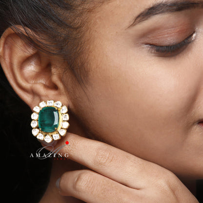 Silver Moissanite and Green Hydro Emerald Polki Earring  Moissanite Polki Earring Wedding Jewelry  Indian Jewelry Traditional Earring