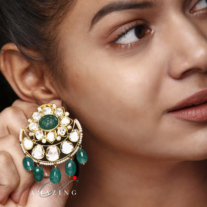 Silver Moissanite Polki with Emerald Tumble Earring  Moissanite Polki Earring   Chandbali  Bridal Jewelry 925 Sterling Silver Kundan Earring