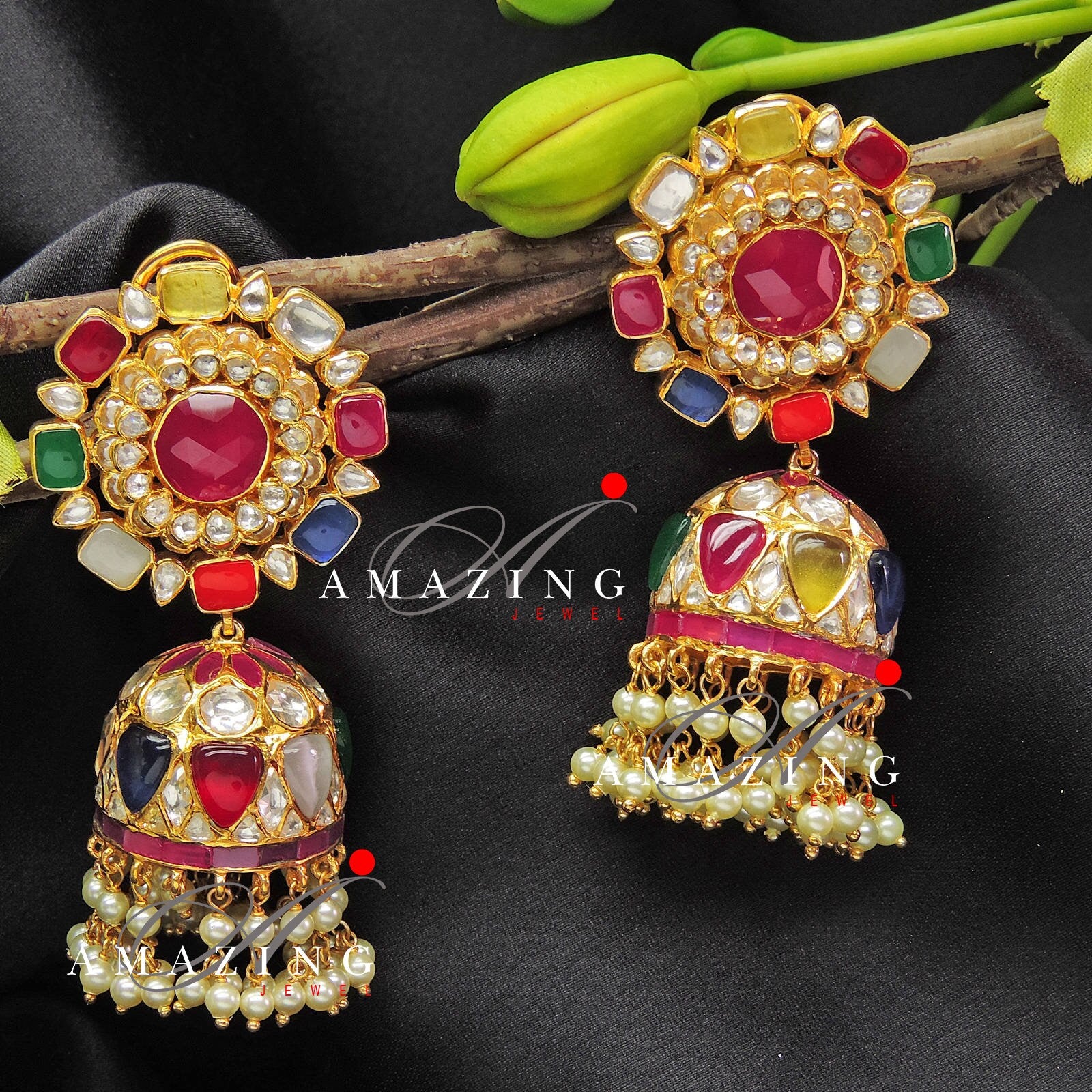 Silver Moissanite Polki with Semi Precious Navratan Stones and Fresh Water Sea Pearls Earring Moissanite Polki Earring Jhumka Bridal Jewelry