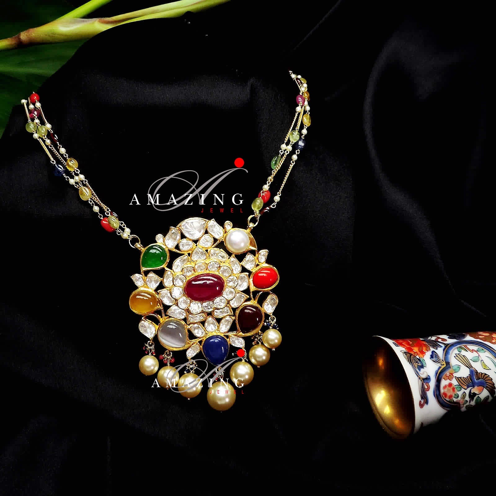 Silver Semi Precious Navratna Stone Set  Indian Wedding Jewelry Set   Multistone Polki Set  Indian Traditional Jewelry   Navratna jewelry