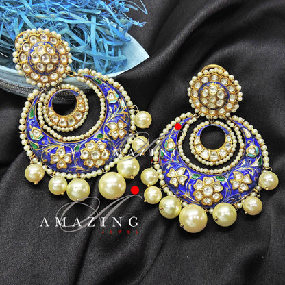 Silver Moissanite Polki with Pearls Earring   Moissanite Kundan Chandbali  Bridal Jewelry  Traditional Jewelry   925 Sterling Silver Earring