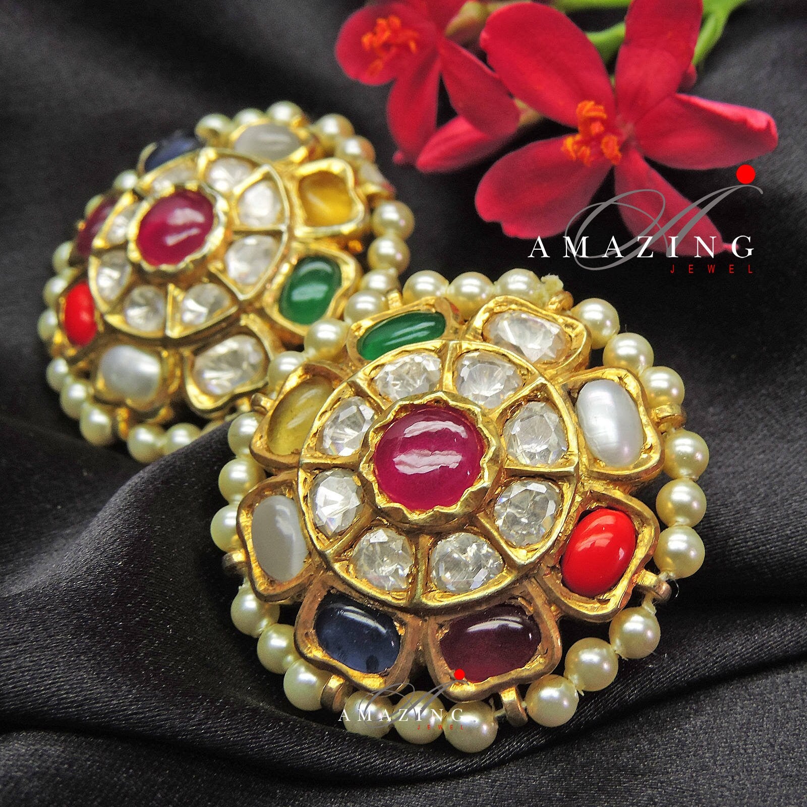 Silver Moissanite Polki with Semi Precious Navaratna & Fresh Water Sea Pearls Earring, Moissanite Polki Earring, Indian Wedding Jewelry,