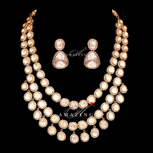 Silver Moissanite Polki Multi Line Necklace  Moissanite and Swarovski Polki Necklace set  Wedding Jewelry   Indian Traditional Jewelry set