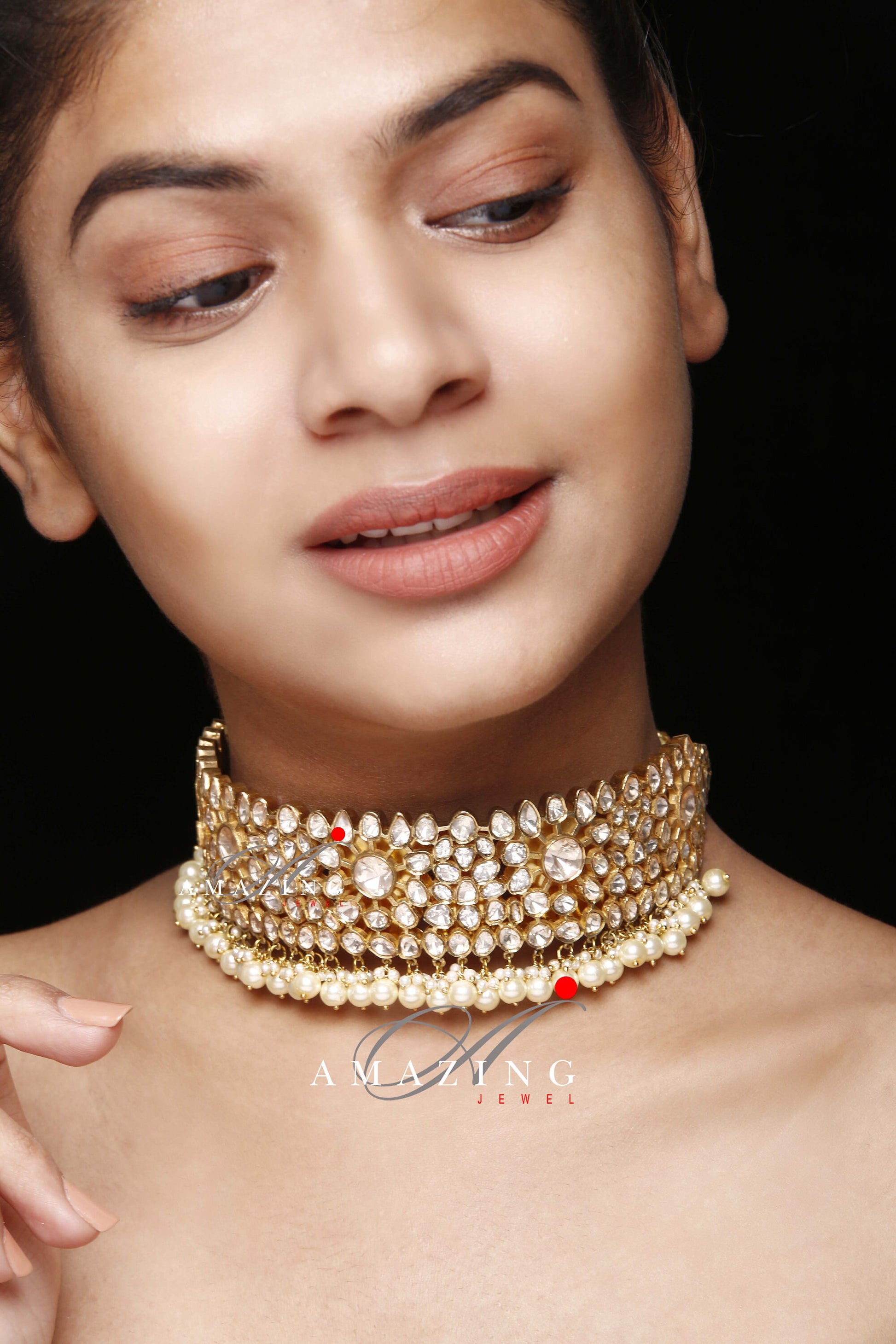 Silver Moissanite Polki with Fresh Water Sea Pearls Jewelry Set Indian Traditional Wedding Jewelry  Bridal Jewelry Polki Choker ChokerSet