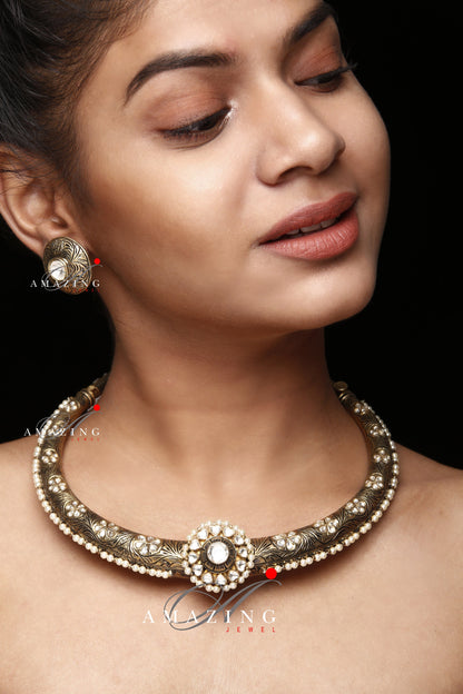 Silver Moissanite Polki Oxidized Choker Set with Pearls  Indian Traditional Women Wedding Jewelry Set 925 Sterling Silver Choker Set