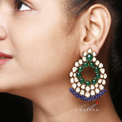 Silver Moissanite Polki with Hydro Emerald Cabs & Sapphire Beads Earring  Moissanite Earring Chandbali  Bridal Jewelry Traditional Jewelry