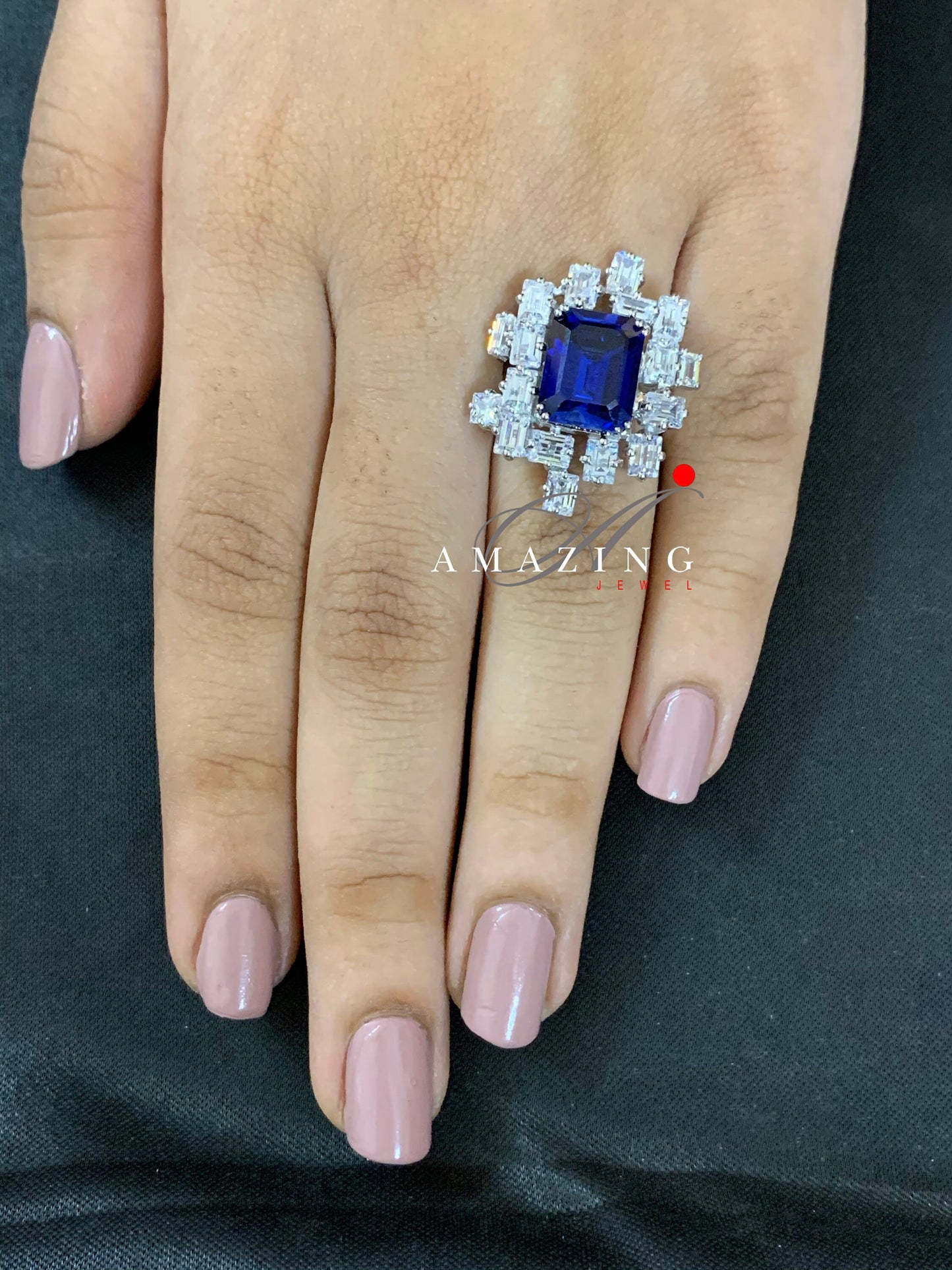 Silver Swarovski Hydro Sapphire Ring, Indian Traditional Ring, Cubic Zirconia Ring,Statement Ring,Silver Cocktail Ring,925 Sterling Silver