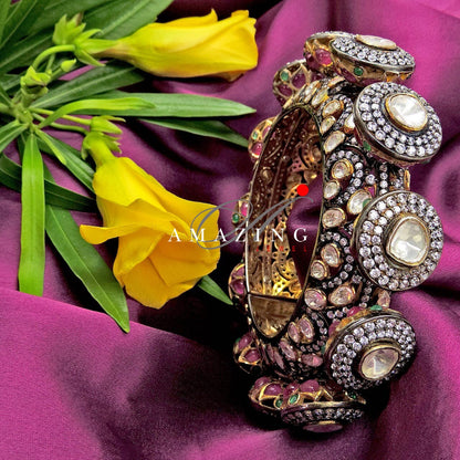 Silver Moissanite Polki with Hydro Ruby Cabs Bangle   Moissanite Polki Bangles  Indian Traditional Bangles   Wedding Jewelry   Bangdi