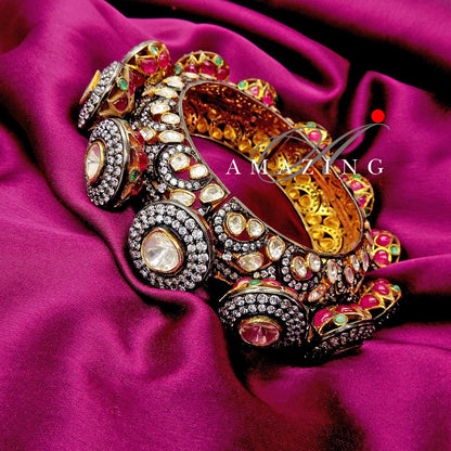 Silver Moissanite Polki with Hydro Ruby Cabs Bangle   Moissanite Polki Bangles  Indian Traditional Bangles   Wedding Jewelry   Bangdi