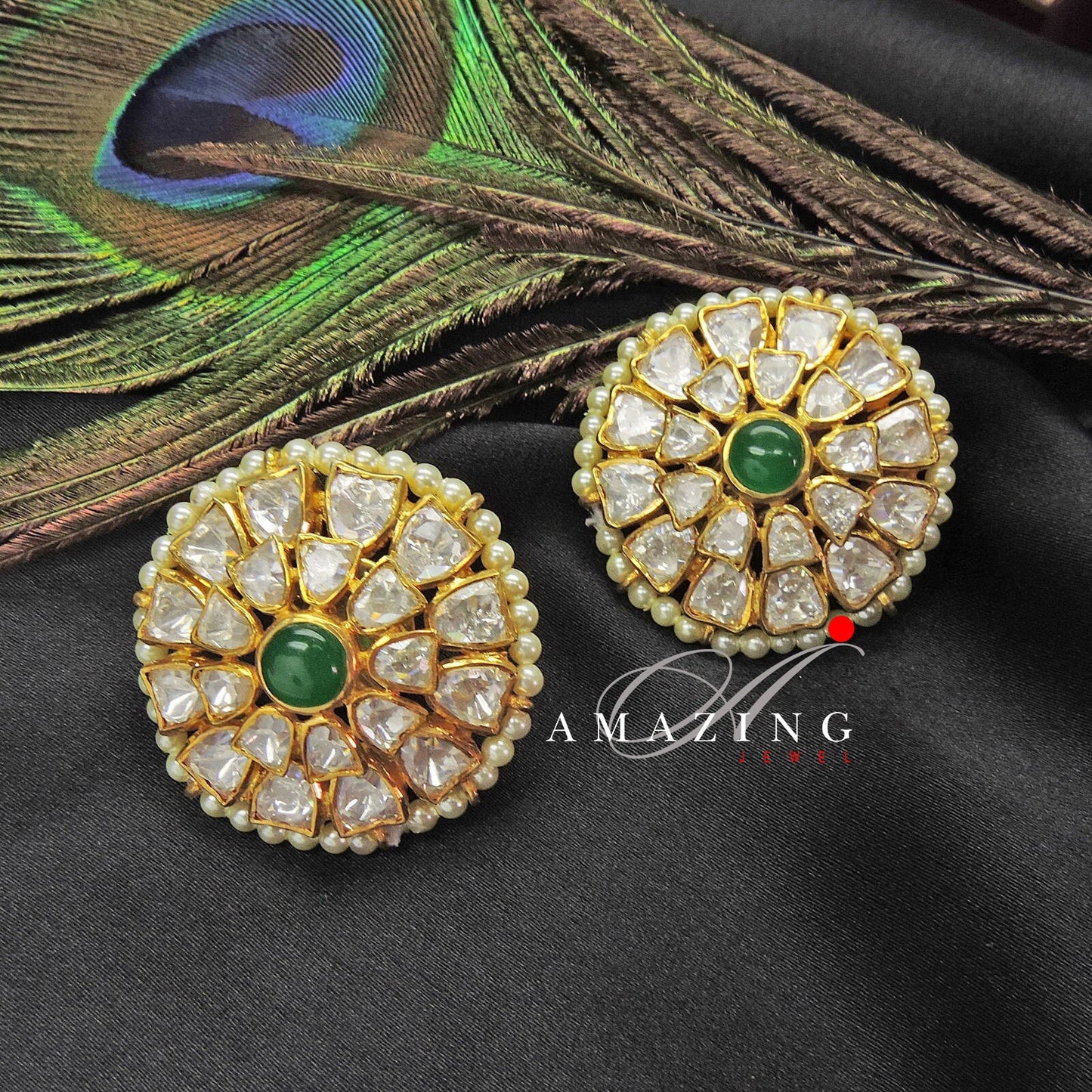 Silver Moissanite Polki with Hydro Emerald Cabs Earring,Indian Wedding Jewelry,Moissanite Polki Earring,Statement Earring,Silver Polki Studs