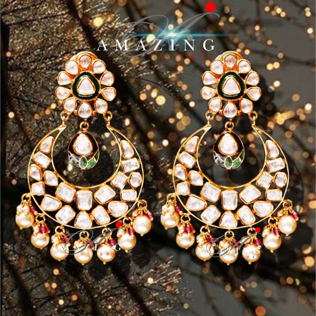 Silver Moissanite Polki with Fresh Water Sea Pearls Earring  Moissanite Polki Earring   Chandbali  Bridal Jewelry  Traditional Jewelry