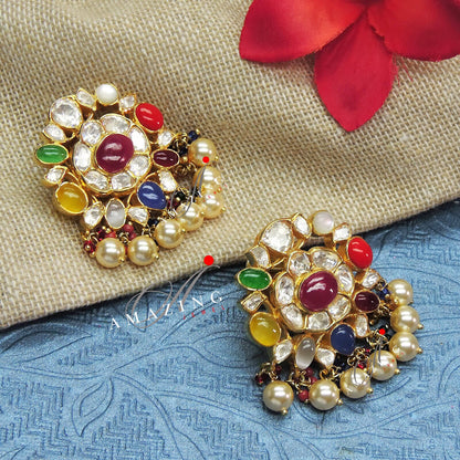 Silver Navratna Stone Earring,Semi Precious Navaratna with Fresh Water Sea Pearls Earring, Moissanite Polki Earring, Indian Wedding Jewelry,