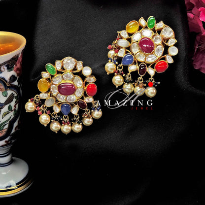 Silver Navratna Stone Earring,Semi Precious Navaratna with Fresh Water Sea Pearls Earring, Moissanite Polki Earring, Indian Wedding Jewelry,