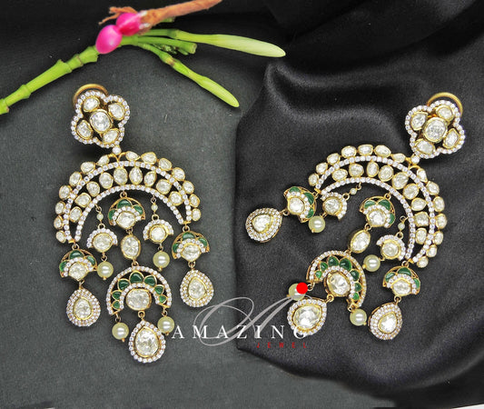 Silver Moissanite Polki with Hydro Emerald Cabs & Sapphire Beads Earring  Moissanite Earring Chandbali  Bridal Jewelry Traditional Jewelry