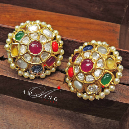 Silver Moissanite Polki with Semi Precious Navaratna & Fresh Water Sea Pearls Earring, Moissanite Polki Earring, Indian Wedding Jewelry,