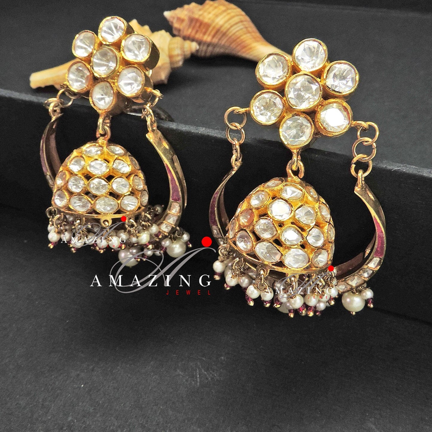 Silver Moissanite Polki Sea Pearls Red Enamel Earring Moissanite Polki Earring Chandbali Jhumka Bridal Jewelry 925 Sterling Silver Jhumka