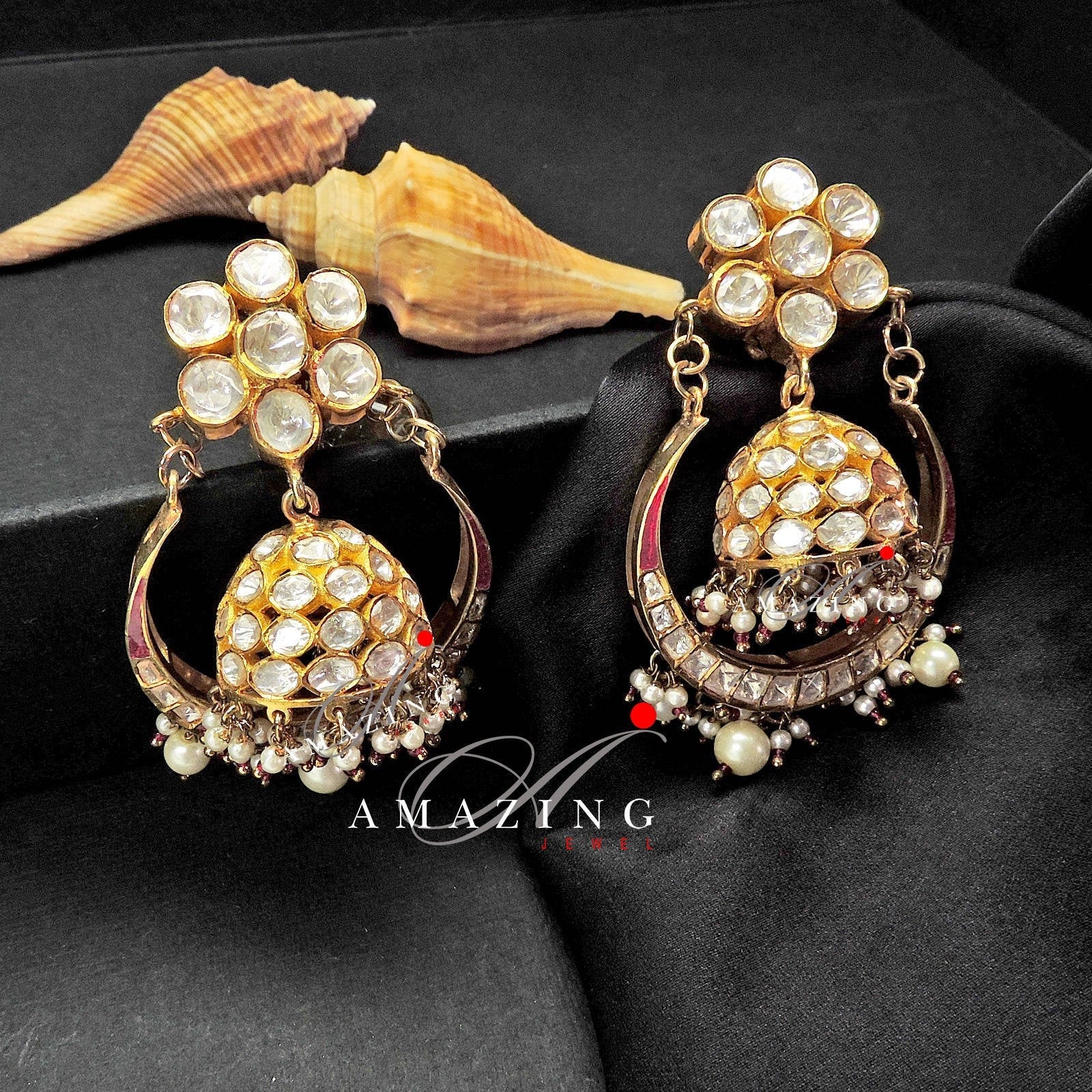 Silver Moissanite Polki Sea Pearls Red Enamel Earring Moissanite Polki Earring Chandbali Jhumka Bridal Jewelry 925 Sterling Silver Jhumka