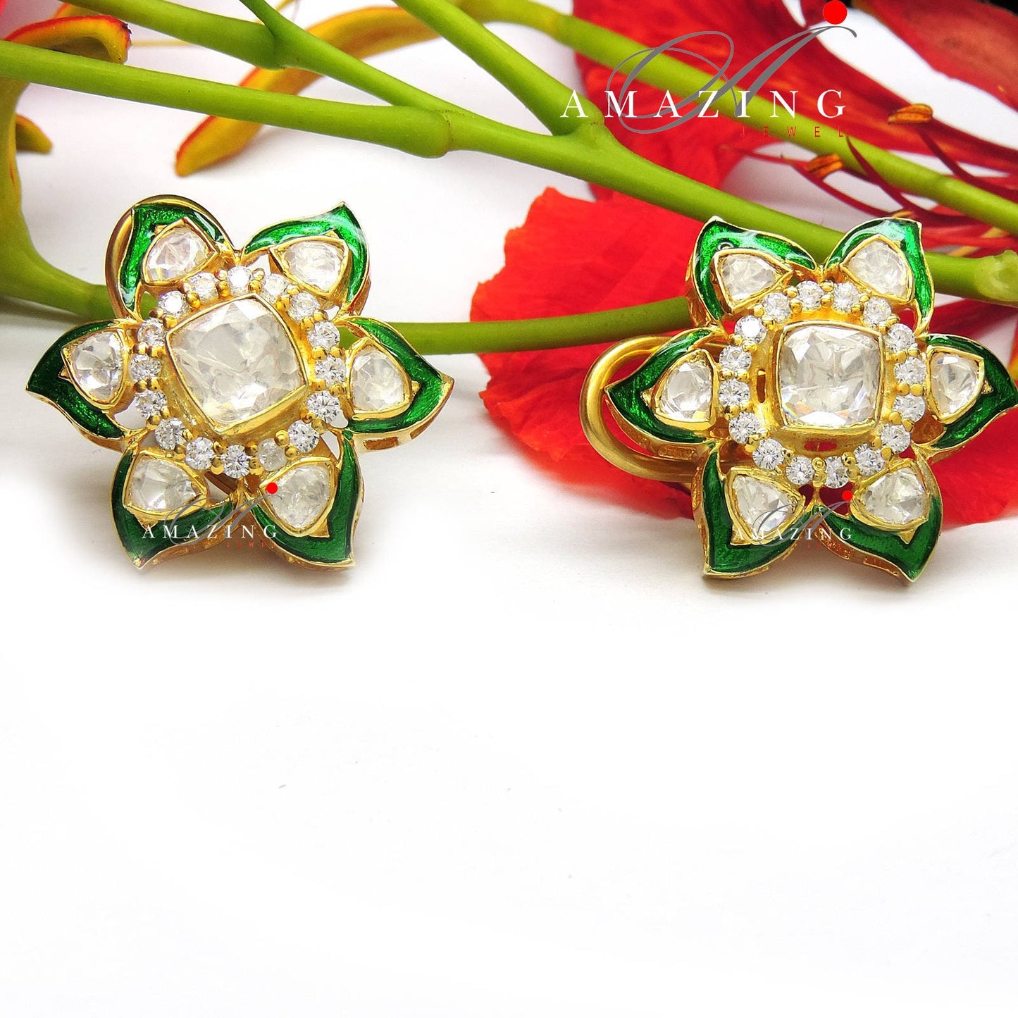 Silver Polki Earrings Moissanite with Green Enamel Polki Earring  Indian Wedding Jewelry  Indian Moissanite Polki Earring Swarovski