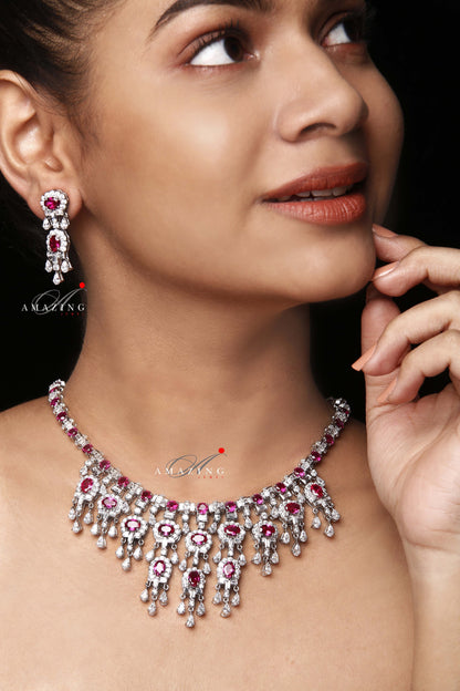 Silver Swarovski Hydro Ruby Set Indian Wedding Jewelry Set Indian Traditional Bridal Jewelry 925 Sterling Silver Necklace Set Travel Jewelry