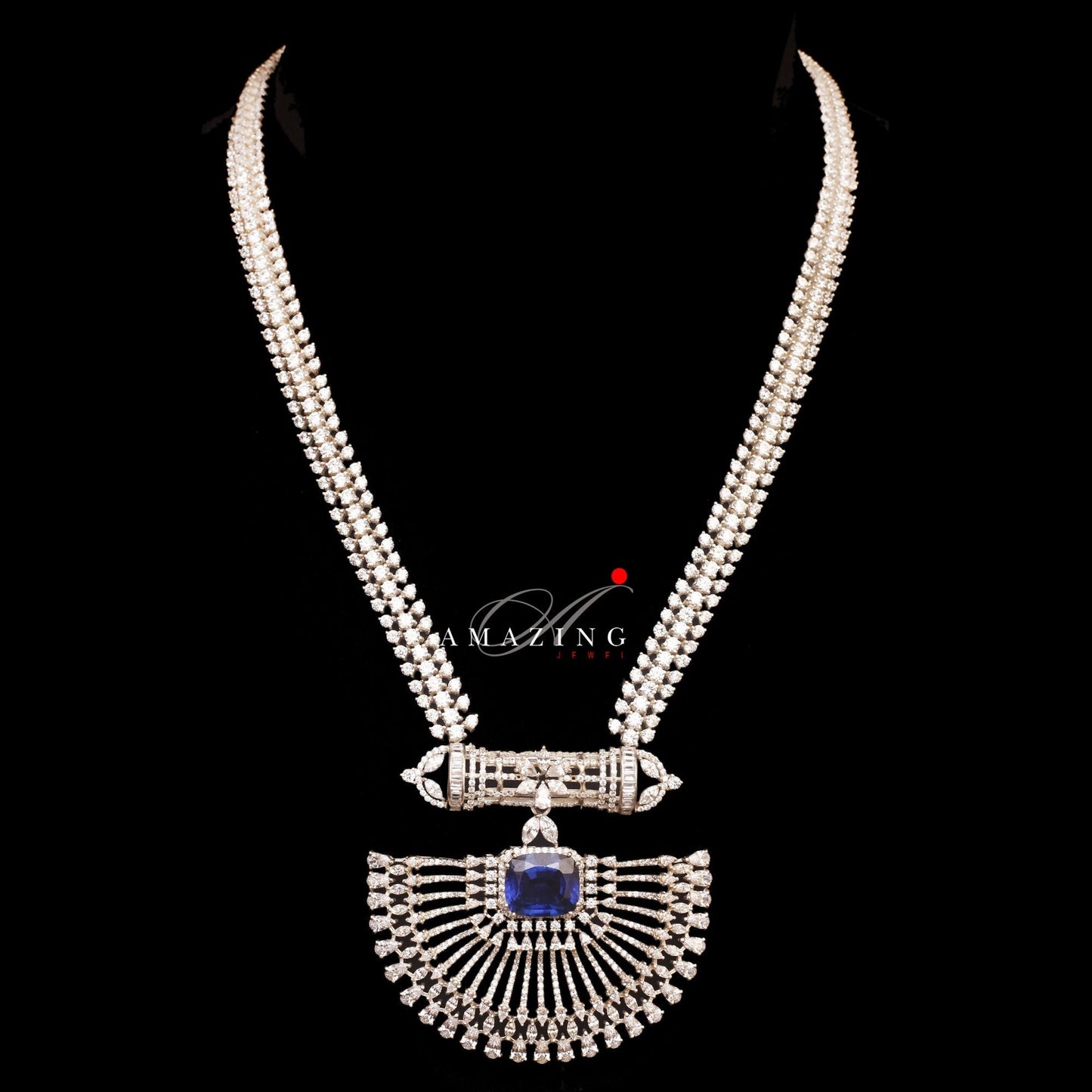 Silver Swarovski & Blue Sapphire Neckalce Indian Wedding Jewelry Indian Traditional Jewelry Bridal Jewelry 925 Sterling Silver Necklace