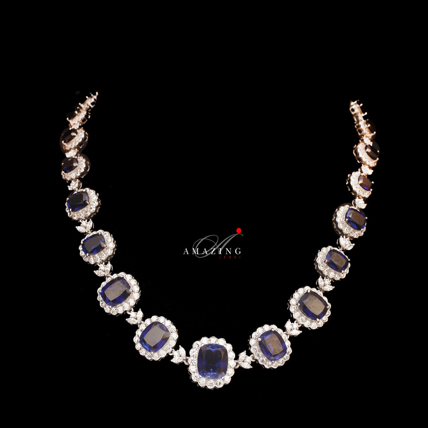 Silver Swarovski & Blue Sapphire Neckalce Indian Wedding Jewelry Indian Traditional Jewelry Bridal Jewelry 925 Sterling Silver Necklace