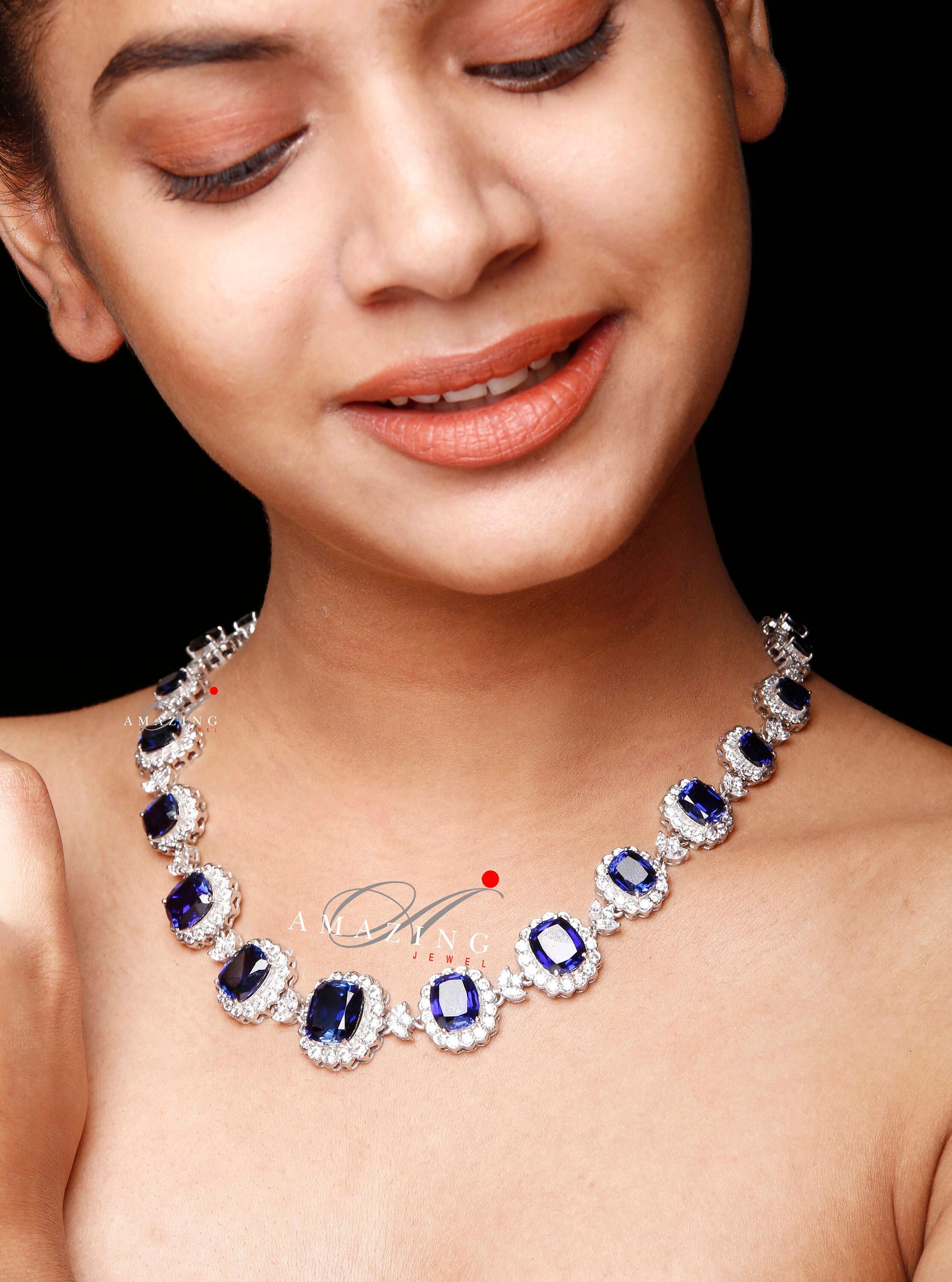 Silver Swarovski & Blue Sapphire Neckalce Indian Wedding Jewelry Indian Traditional Jewelry Bridal Jewelry 925 Sterling Silver Necklace