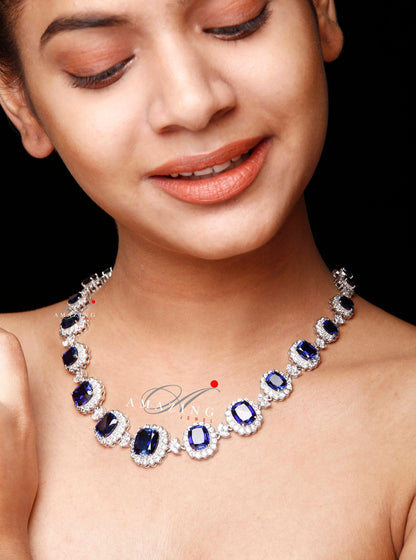 Silver Swarovski & Blue Sapphire Neckalce Indian Wedding Jewelry Indian Traditional Jewelry Bridal Jewelry 925 Sterling Silver Necklace